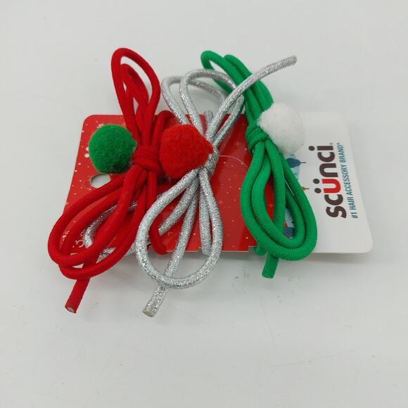 Scunci Christmas Red Silver Green Pom Pom Hair Ties Christmas Themed - Picture 3 of 7